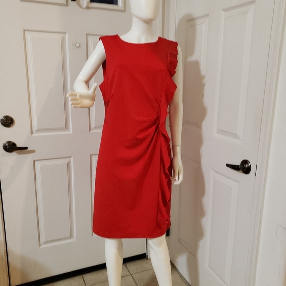 THE LIMITED Lipstick Red Sleeveless Cascading Ruffle Chic Ponte Dress - Picture 1 of 11